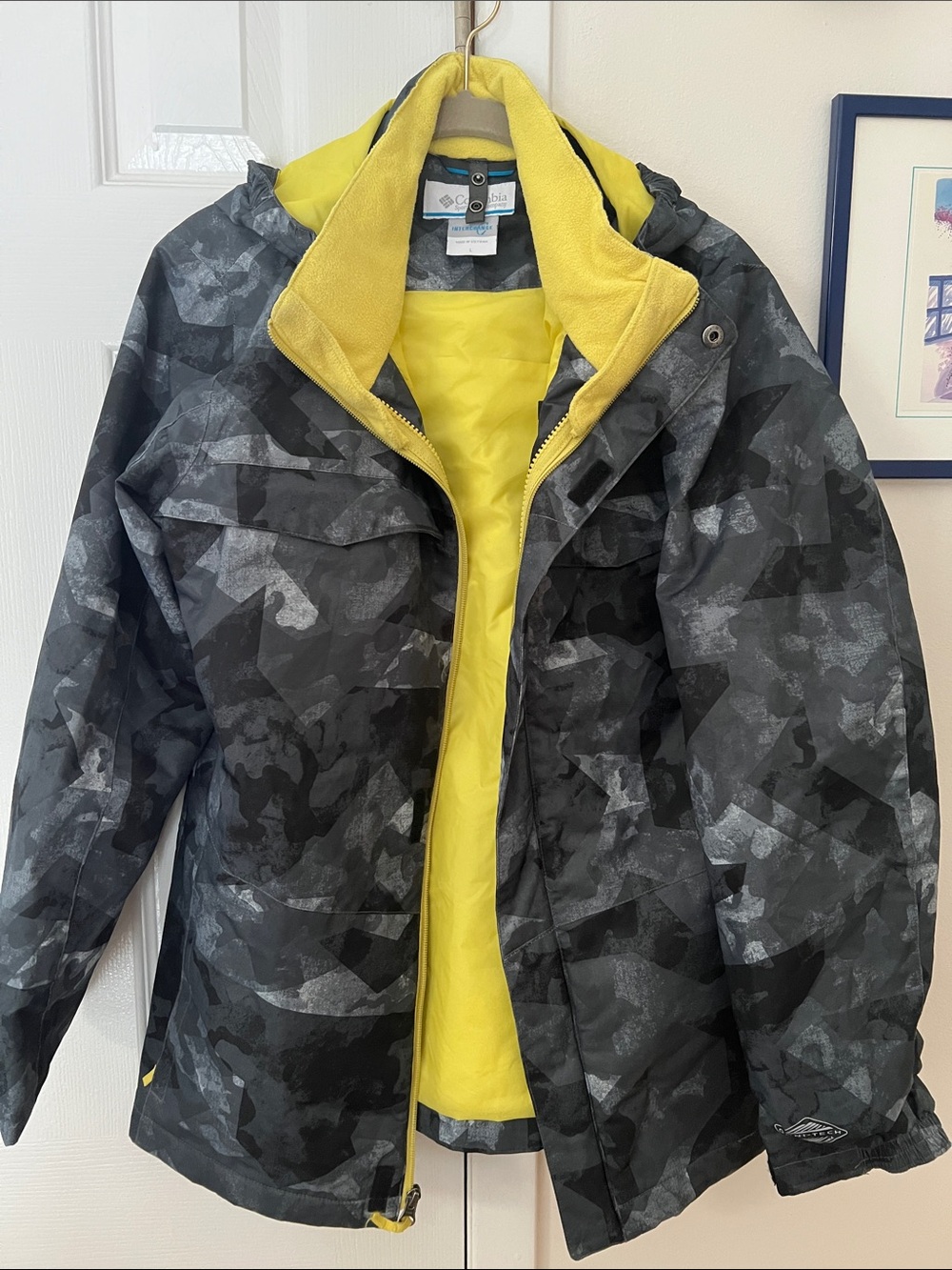 Columbia Kids Black Camo Jacket with Yellow Lining